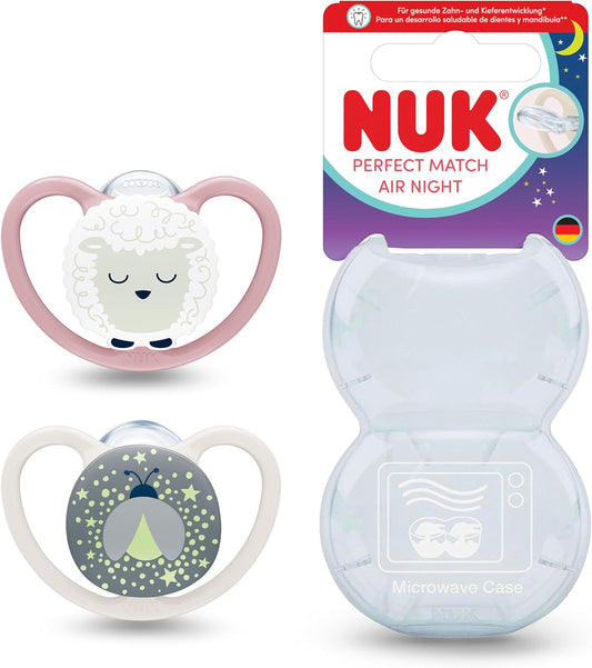 NUK Perfect Match Air Night smoczki uspokajające 0-6m x2 ŚWIECĄCE, zestaw z etui do sterylizacji