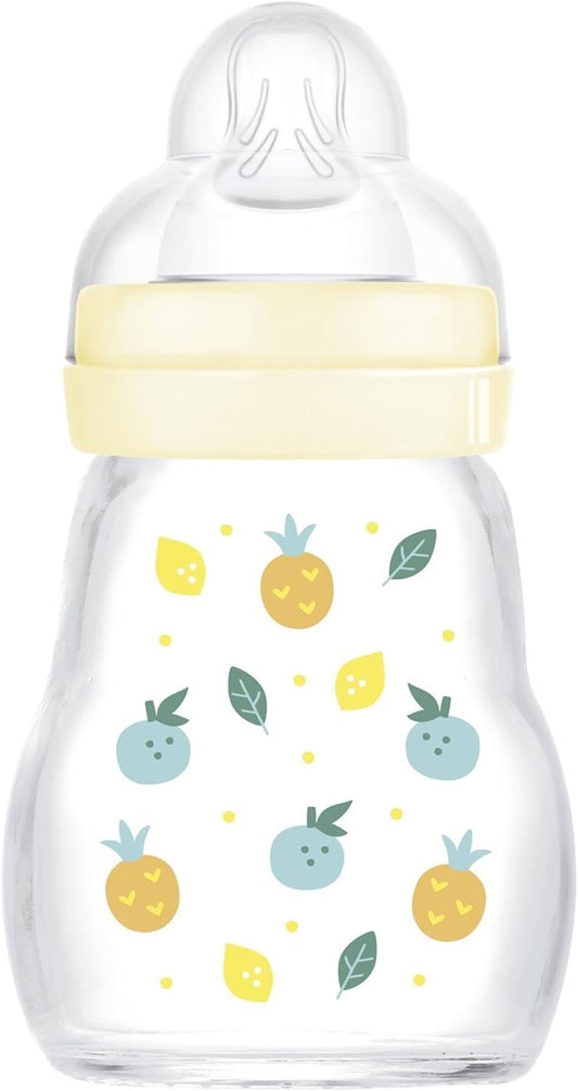 MAM Feel Good butelka szklana 170 ml 0 m+ smoczek 1, przezroczysto-beżowa z owocowym wzorem