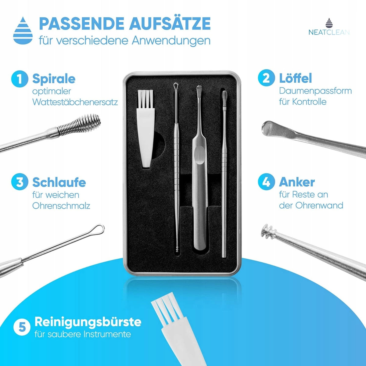 NEATCLEAN zestaw do pielęgnacji i czyszczenia uszu z 5 końcówkami i metalowym pudełkiem