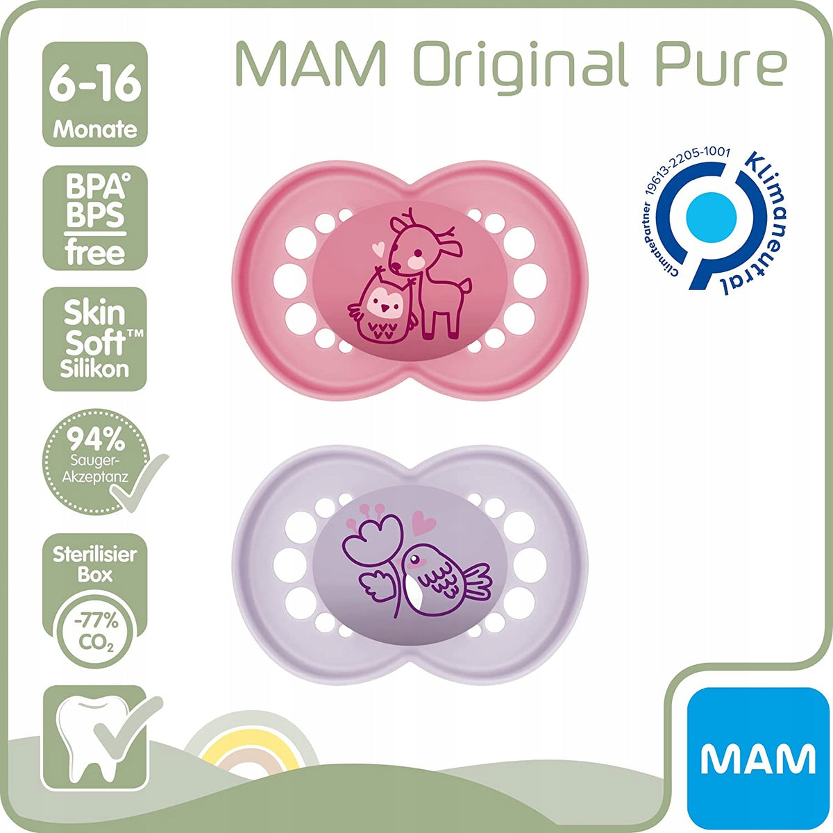 MAM ORIGINAL PURE smoczek uspokajający x2 6-16m, silikonowy, bez BPA i BPS, różowy i fioletowy
