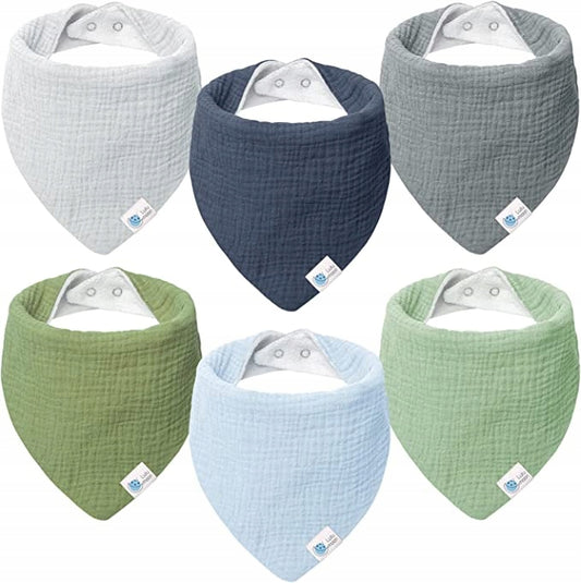 LULU MOON śliniaki bandany na zatrzask 0-36msc x6, muślinowe w 6 kolorach, 100% bawełna organiczna