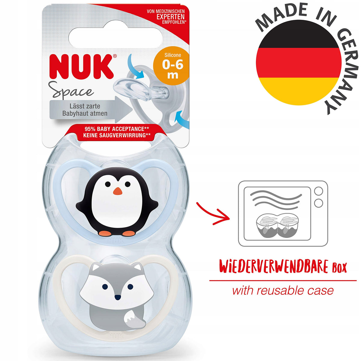 NUK Space smoczek uspokajający silikon x2 0-6msc +box, niemiecki, z etui do sterylizacji