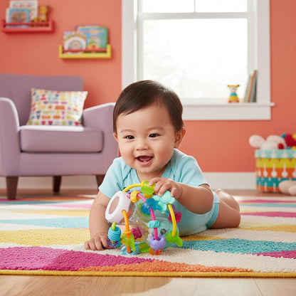 PLAYGRO Play and Learn Ball gryzak chwytak z grzechotką i lusterkiem 14 cm, kolorowa zabawka sensoryczna dla niemowląt