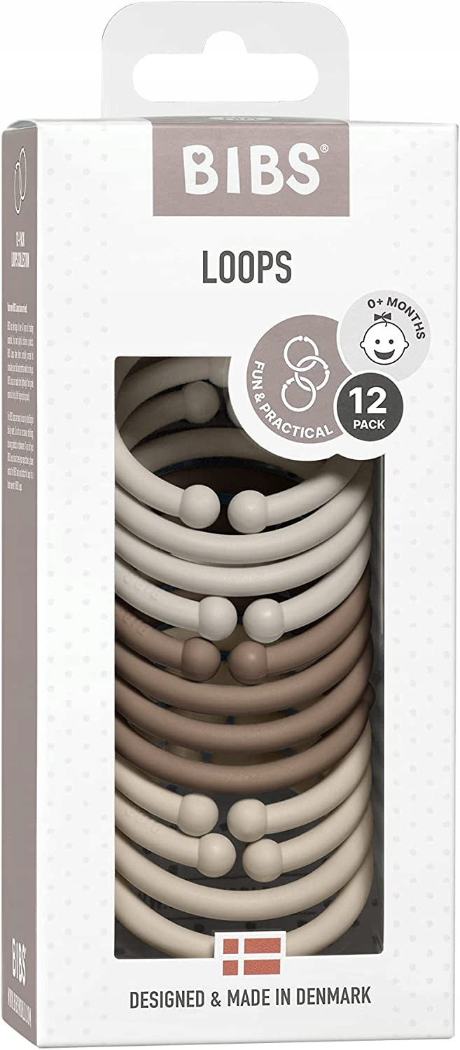 BIBS LOOPS 12x zawieszki uniwersalne, 12 sztuk w odcieniach brązu i beżu, praktyczne do smoczka i wózka