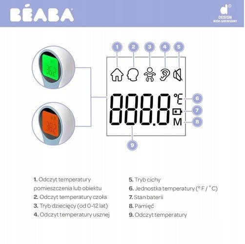 BEABA Thermospeed TERMOMETR BEZDOTYKOWY ekran LCD, wielofunkcyjny termometr z odczytem temperatury w 1 sekundę