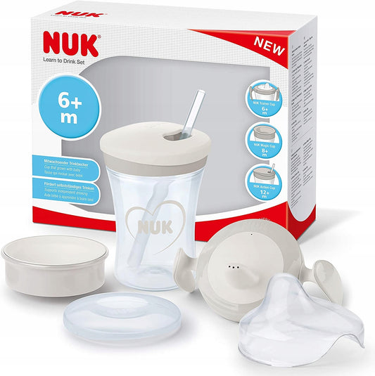 NUK zestaw do nauki picia kubek + 3 ustniki, biało-szary, 230 ml, BPA free, 6m+ do 12m+