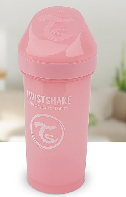 TWISTSHAKE Kid Cup kubek niekapek z ustnikiem i blenderem 360 ml 12 m+ różowy, twardy ustnik