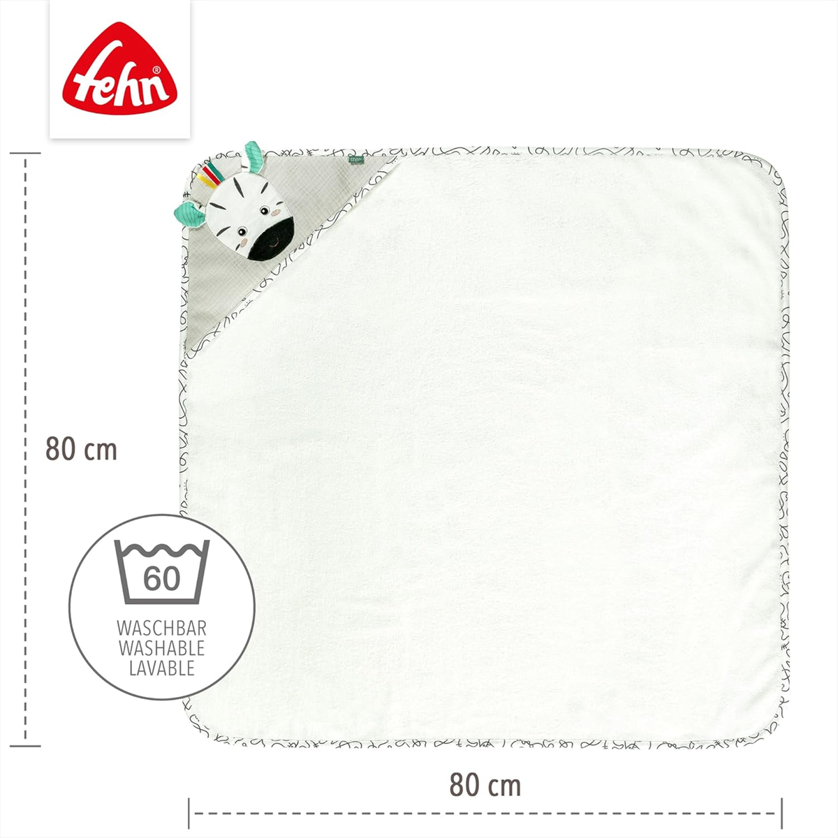FEHN zebra handdoek met capuchon 80x80 cm