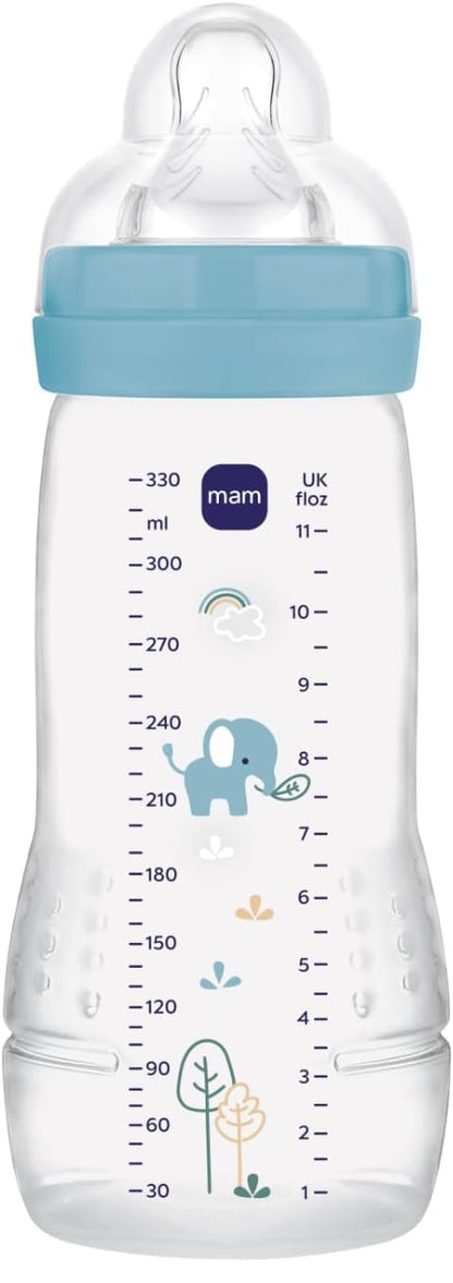 MAM Easy Active butelka 330 ml 6 m+ smoczek 4 bardzo szybki przepływ SŁOŃ, przezroczysto-niebieska