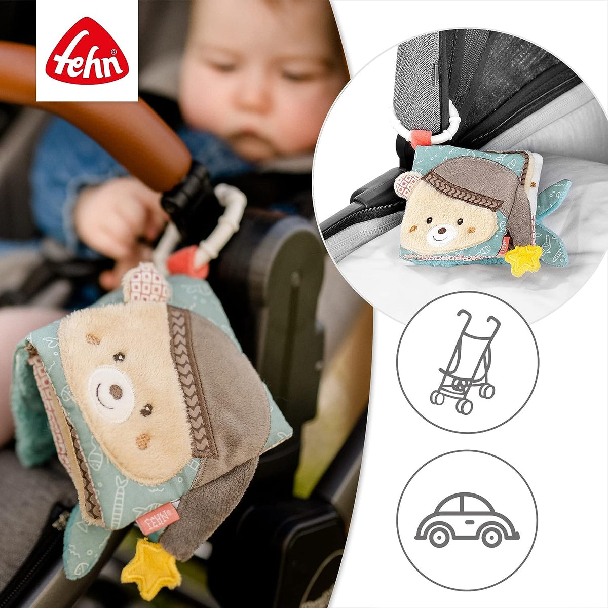 FEHN Osito Bruno libro sensorial con espejo colgante para bebés