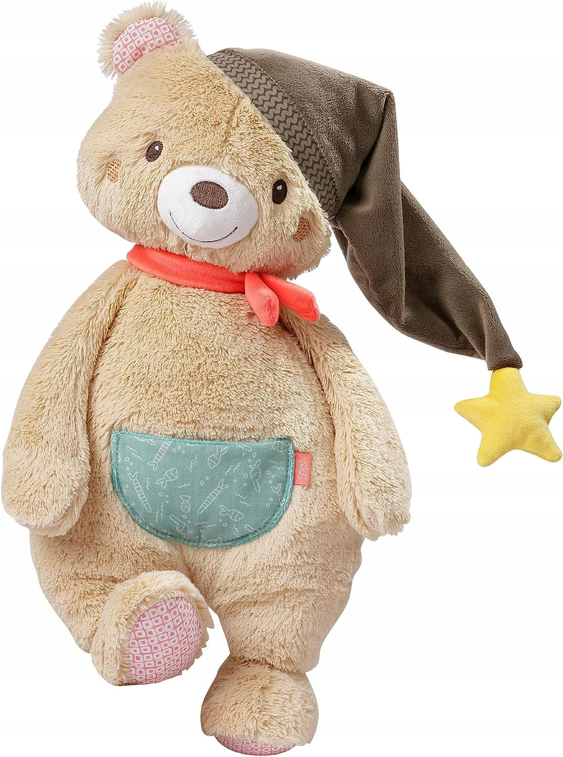 FEHN pluszowy miś Bruno XXL 44cm, beżowy miś z czapką i gwiazdką, idealny do przytulania