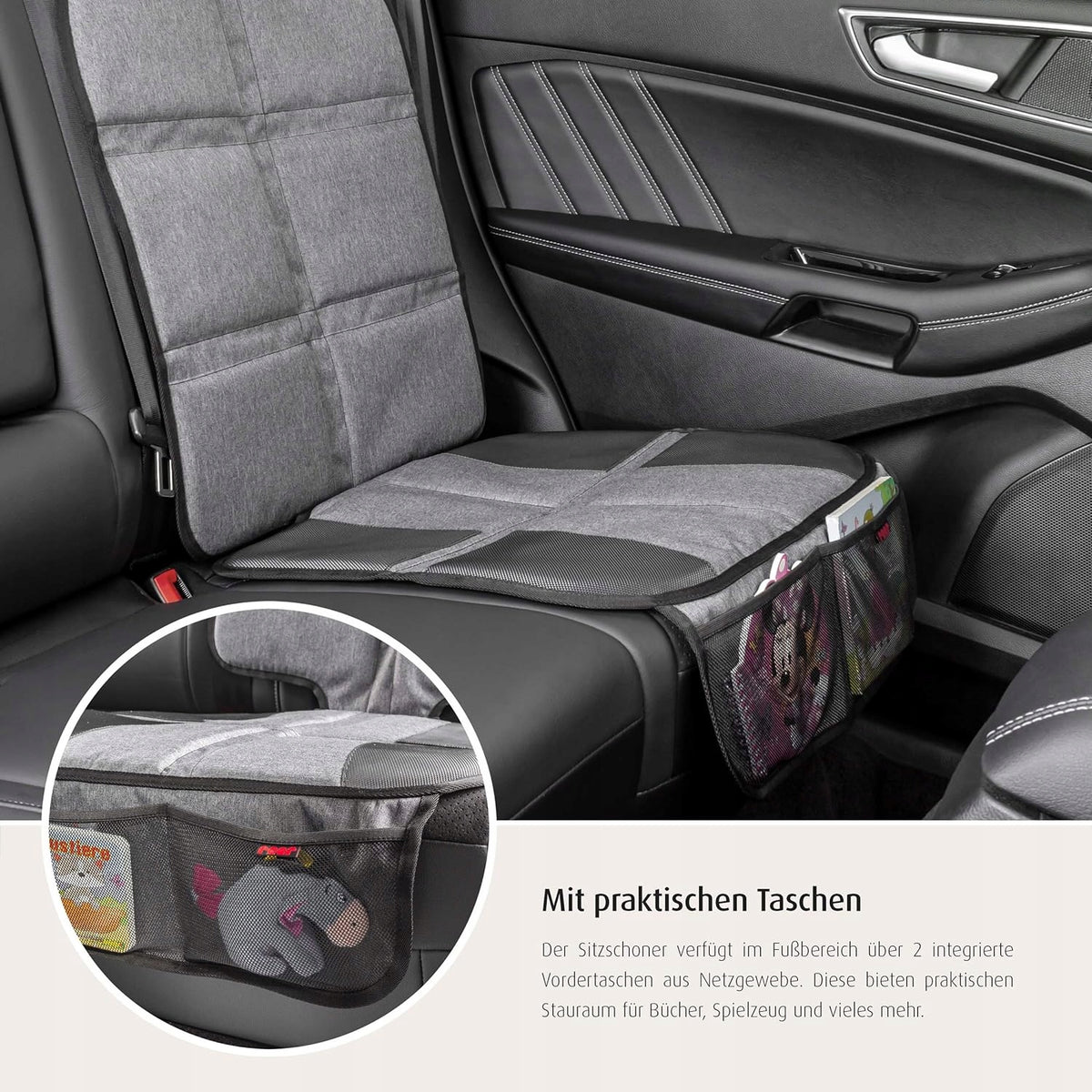 REER TravelKid MaxiProtect podkładka pod fotelik samochodowy czarno-szara z kieszeniami, chroni siedzenie i tapicerkę