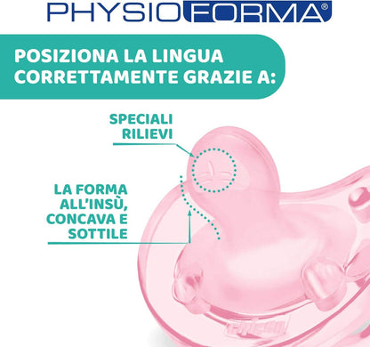 CHICCO PhysioForma smoczek x4 16-36m silikonowy różowy z unikalnym kształtem wspierającym ułożenie języka