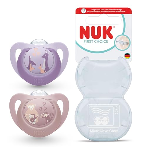 NUK First Choice smoczek uspokajający silikonowy x2 18-36m w zestawie z etui, wzór Małpka/Kangur
