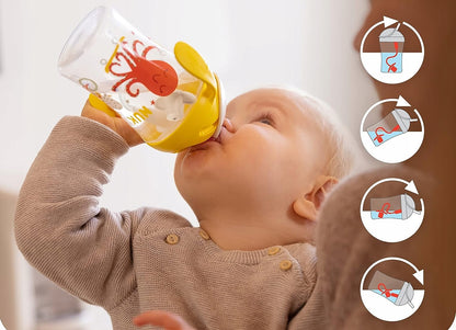 NUK Motion Cup NIEKAPEK z elastyczną słomką 8 m+ żółto-biały kubek niekapek 230 ml dla niemowląt