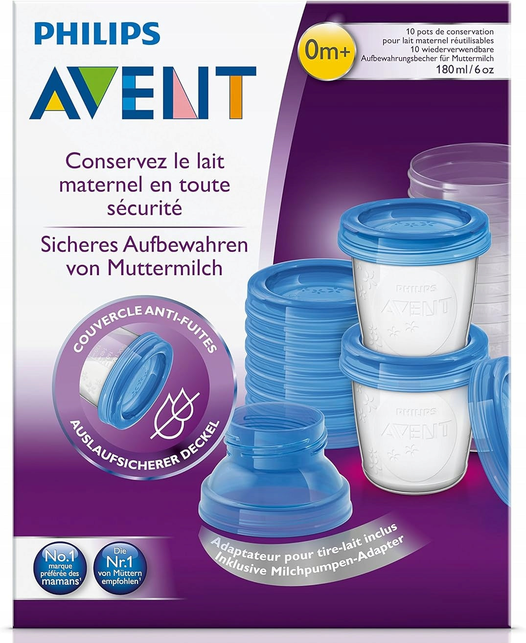 PHILIPS AVENT pojemniki na żywność x10 +adaptery 180ml, szczelne kubeczki do przechowywania mleka