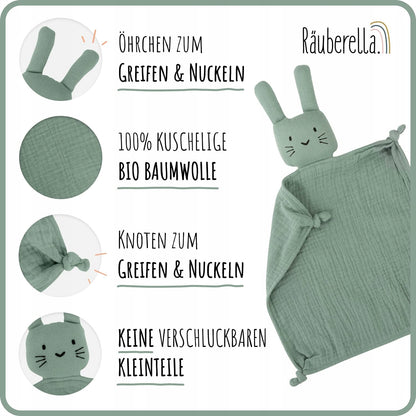 NUDU BABY zestaw muślina KOMFORTER śliniak GRYZAK, mięta, 100% bio bawełna