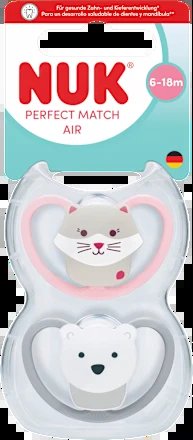 NUK Perfect Match Air smoczki uspokajające 6-18 mies. w opakowaniu, silikonowy smoczek dla niemowląt z uroczym wzorem