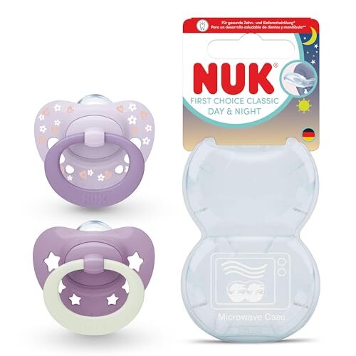 NUK First Choice Classic smoczek uspokajający 18-36m x2, fioletowy zestaw z etui, Day & Night