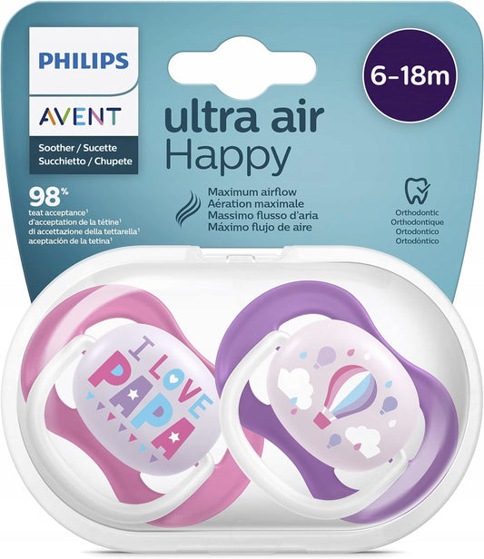 PHILIPS AVENT Ultra Air HAPPY smoczki x 2 6-18msc, ortodontyczne smoczki z etui i wentylacją