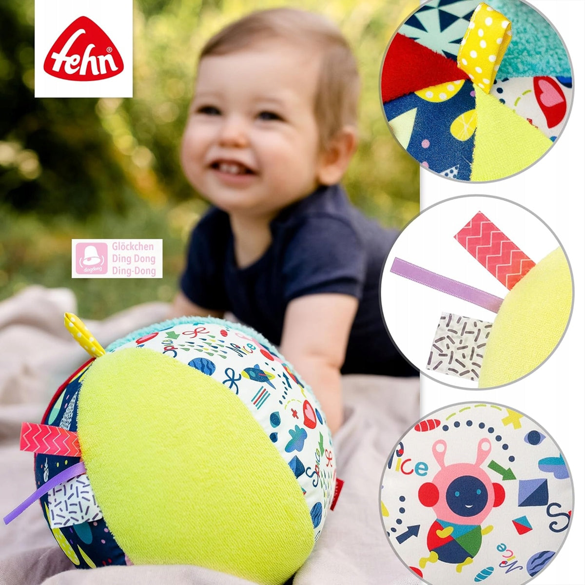 FEHN Kleur stoffen bal met geluid 16cm
