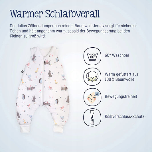 JULIUS ZOLLNER śpiworek całoroczny 2,5TOG r.80 biały z nadrukiem zwierzątek, 100% bawełna, z nogawkami