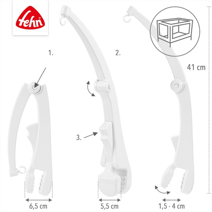 FEHN uchwyt karuzeli do łóżeczka, biały uchwyt do pozytywki 0+ z haczykiem, 41 cm