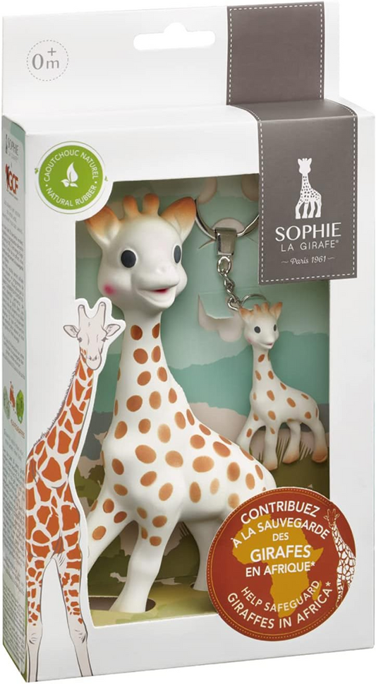 SOPHIE DE GIRAF natuurlijke bijtring SO PURE 18CM + sleutelhanger
