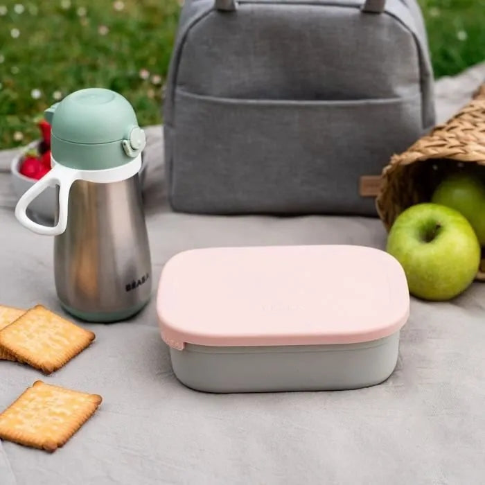 BEABA śniadaniówka lunchbox STAL nierdzewna 760ml z przegrodami, różowy lunchbox z pokrywką i butelką