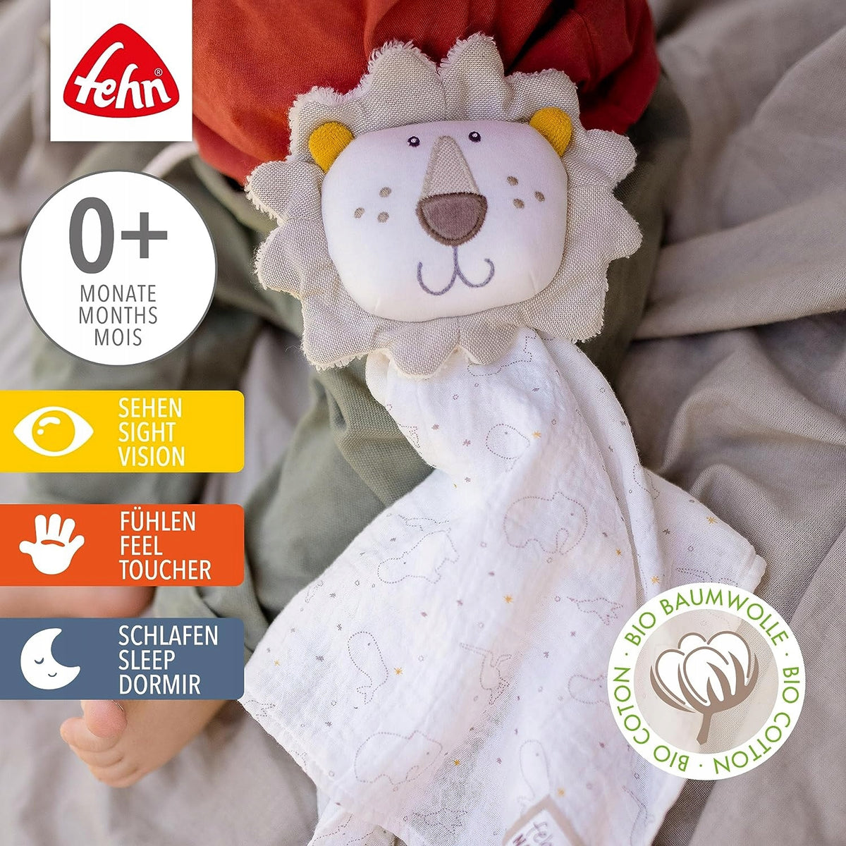 FEHN NATURE katoenen knuffeldeken comforter 28 x 38 cm LEEUW