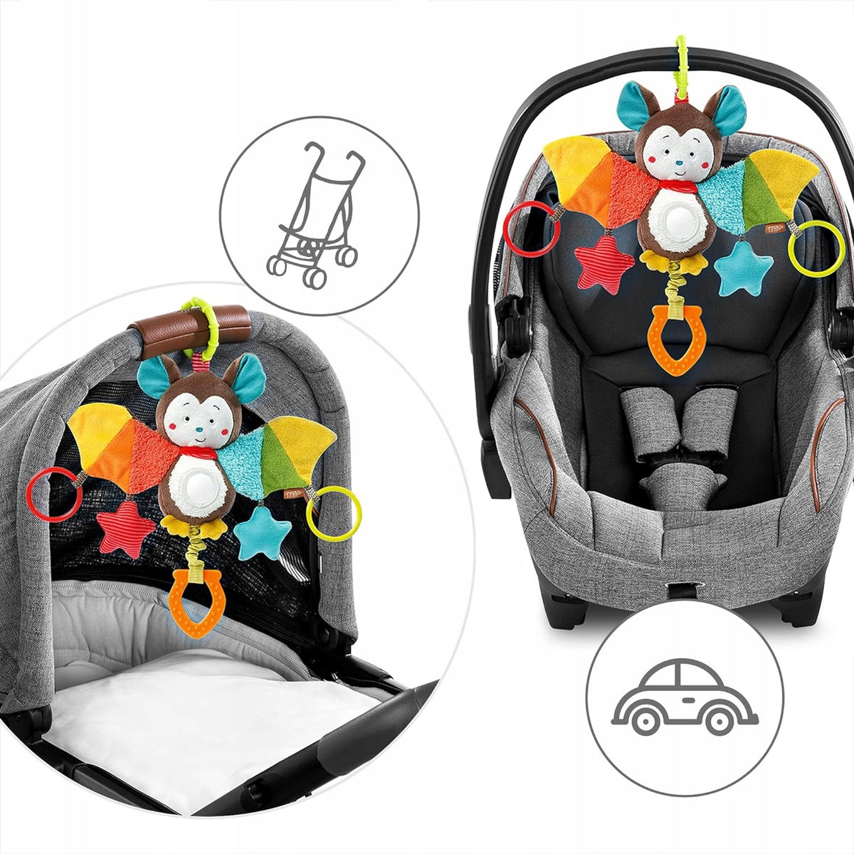 FEHN Anhänger mit Rassel und Greifling für Kinderwagen, Babyschale FLEDERMAUS 29 cm