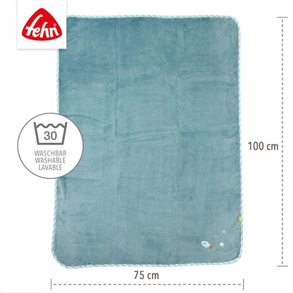 FEHN Mały Zamek koc dla niemowląt 75x100 cm z grzechotką, miękki niebieski kocyk dziecięcy Fehn