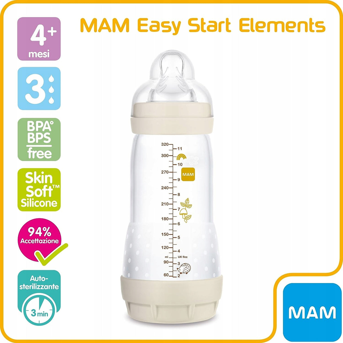 MAM Easy Start butelka antykolkowa 320ML dla niemowląt 4 msc+, smoczek 3, BPA free, auto-sterylizująca