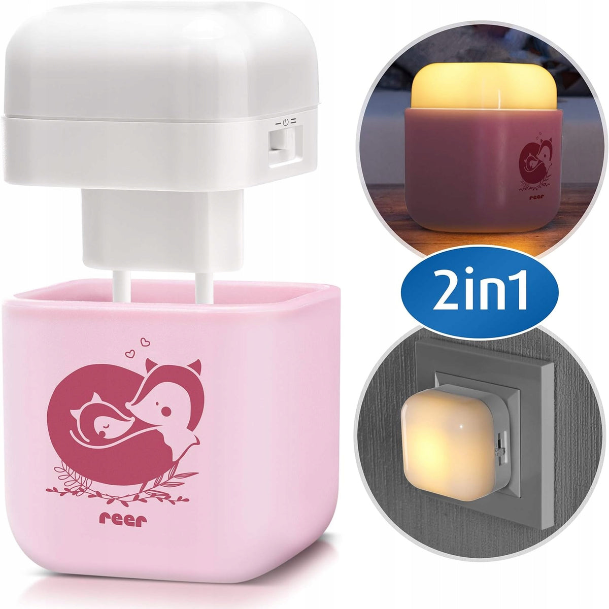 REER SleepLight 2w1 lampka nocna LED przenośna lub do gniazdka, różowa, czujnik zmierzchu