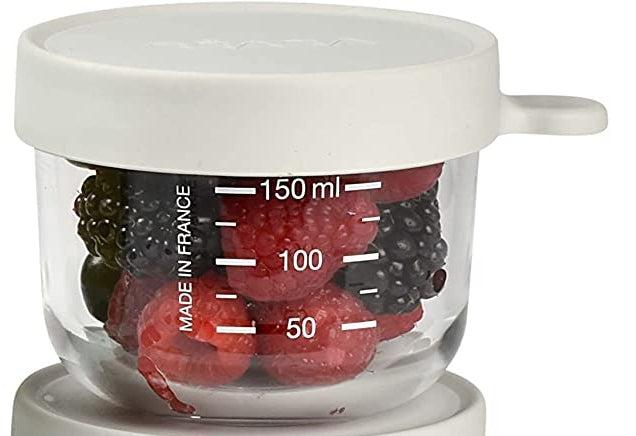 BEABA szklany pojemnik słoiczek 150 ml do przechowywania żywności, szklany słoiczek z miarką