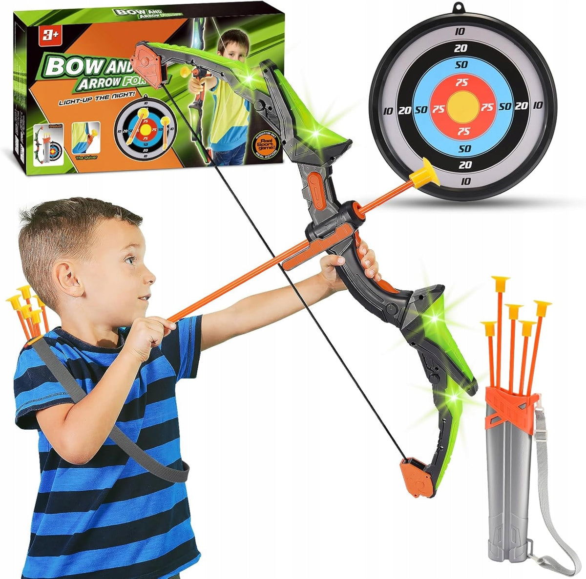EUCOCO boog voor kinderen met LED-licht + doelwit en 5 pijlen met zuignappen