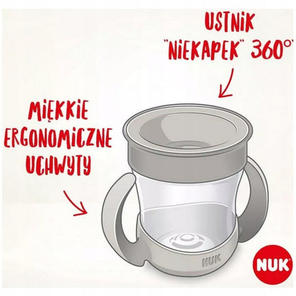 NUK Mini Magic Cup KUBEK NIEKAPEK 160 ml niebieski z miękkimi ergonomicznymi uchwytami i ustnikiem 360°