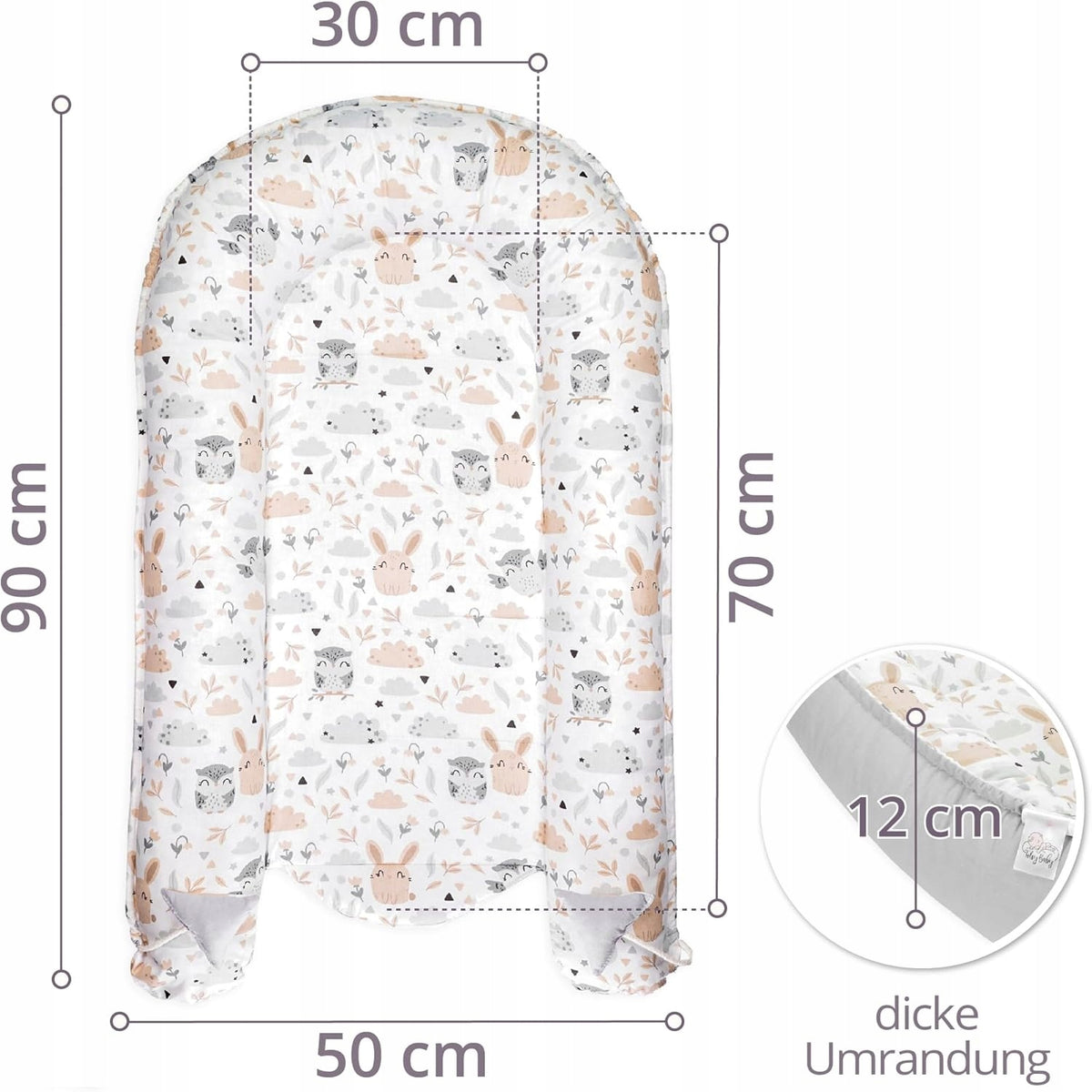 TOTSY BABY kokon niemowlęcy gniazdo 90 x 50 z grubą 12 cm obwódką, wymiary 90 x 50 cm
