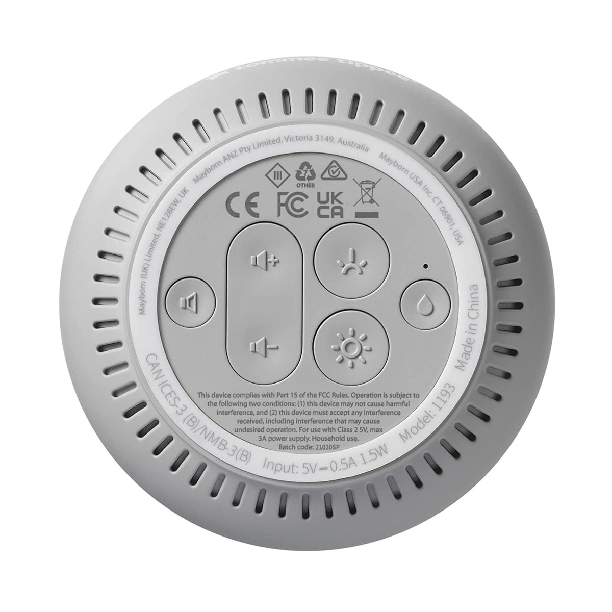 TOMMEE TIPPEE DreamMaker lampka nocna z czujnikiem, szary, tył urządzenia z przyciskami i regulacją jasności