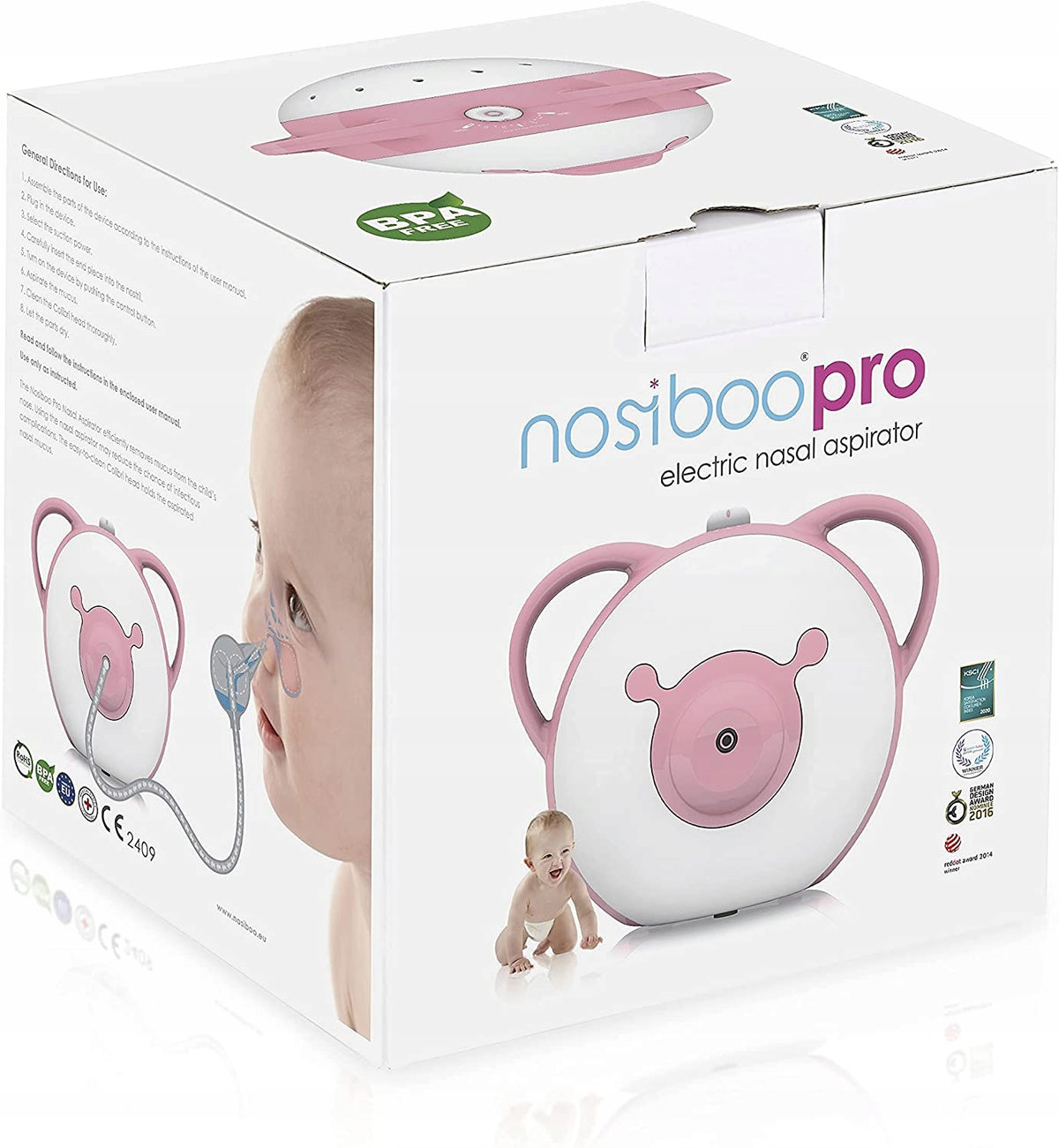NOSIBOO PRO elektryczny aspirator do nosa w kolorze biało-różowym, opakowanie produktu
