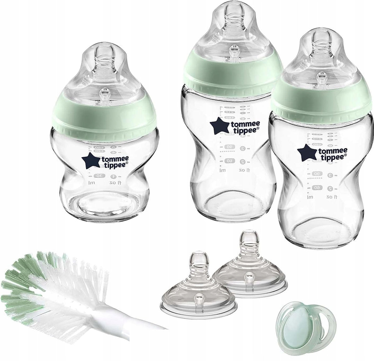 TOMMEE TIPPEE zestaw startowy SZKLANE BUTELKI z 3 butelkami, smoczkami, szczotką i smoczkiem uspokajającym