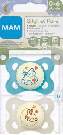 MAM ORIGINAL NIGHT smoczek uspokajający x2 2-6m, świecący w ciemności zestaw smoczków dla niemowląt 2-6 miesięcy