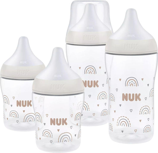 NUK Perfect Match Rainbow zestaw startowy butelki 150 / 260 ml 3m+ - zestaw 4 butelek z motywem tęczy