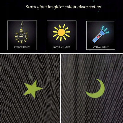 GLOW BED szúnyogháló kiságyhoz, baldachinhoz fluoreszkáló csillagokkal