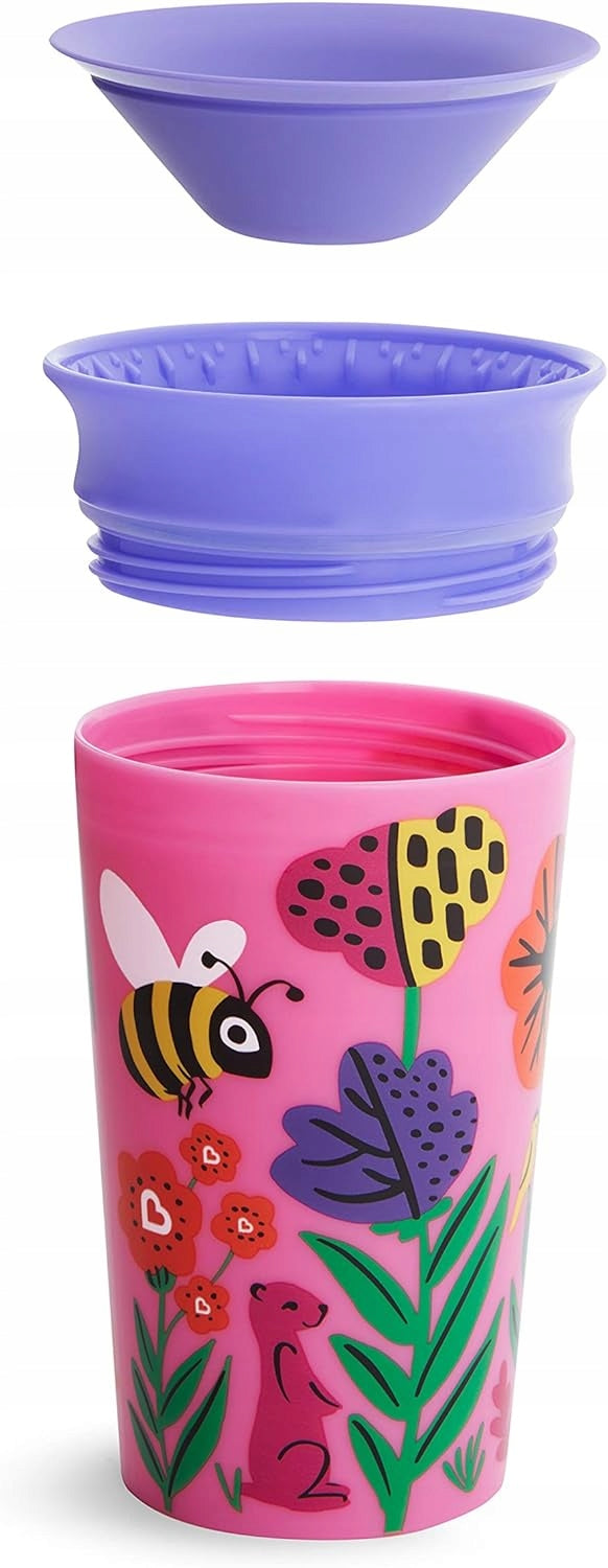 MUNCHKIN WildLove KUBEK NIEKAPEK ustnik 360° PSZCZOŁA 1 sztuka, różowo-fioletowy kubek 266 ml