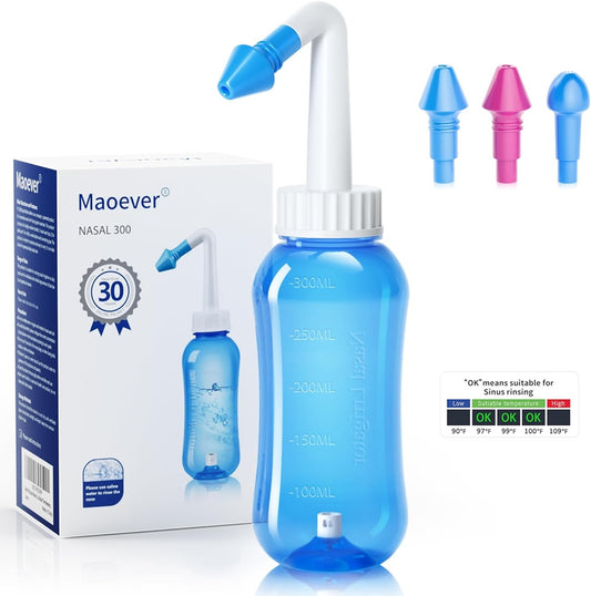MAOEVER Neusirrigator 300 voor kinderen en volwassenen 3 mondstukken 300 ml