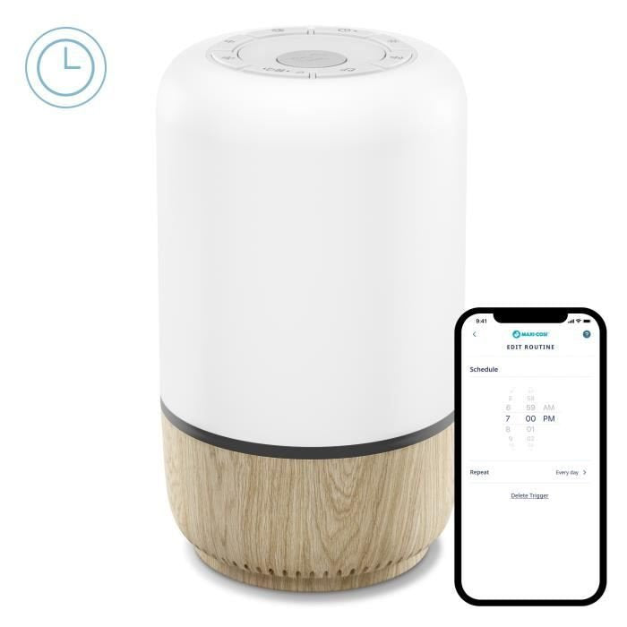 MAXI-COSI Soothe lampka nocna LED z głośnikiem aplikacja Connected Home, biała z drewnem
