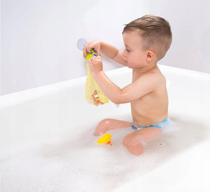 PLAYGRO 3 giocattoli da bagno + rete portaoggetti con ventosa
