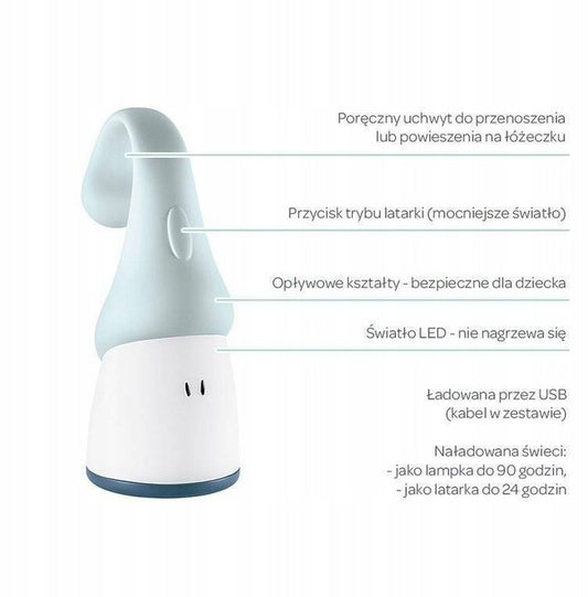 BEABA Pixie 2w1 latarka przenośna lampka nocna LED, niebieska, USB, bez BPA, dla dziecka