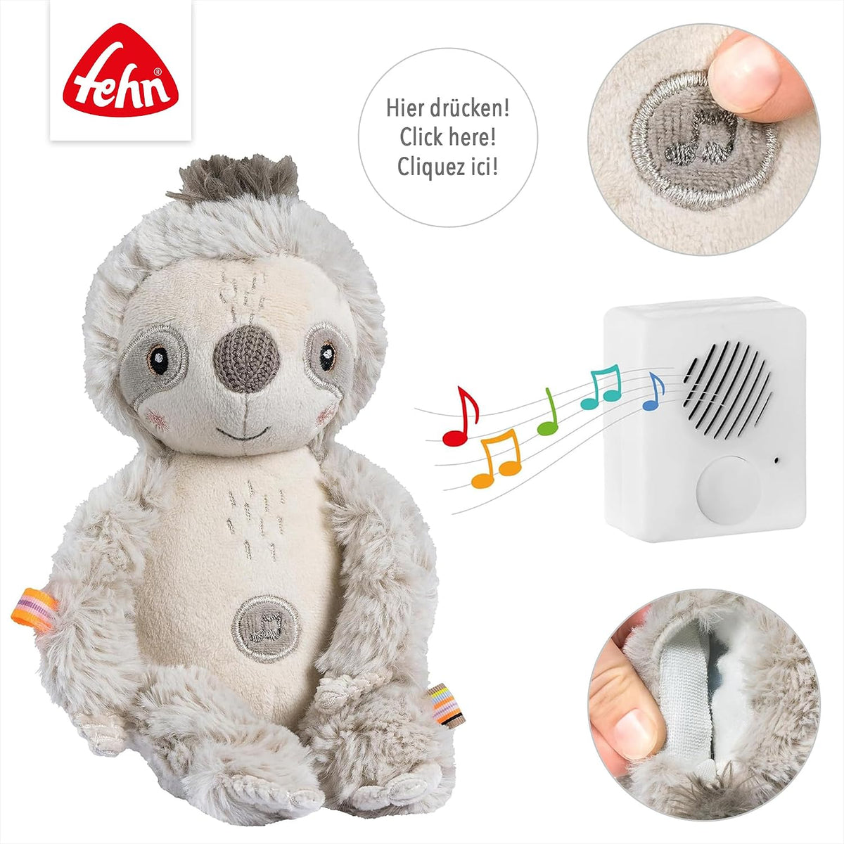 FEHN Leniwiec przytulanka z Cry Sensorem 19cm, miękka zabawka z modułem dźwiękowym i kojącymi melodiami dla niemowląt